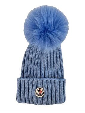 Moncler Sky Blue Ribbed Knit Beanie with Pom